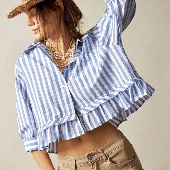 Blue white Casual Women's Vacation Striped Collared 3/4 Sleeve Ruffle top - Picture 4 of 7